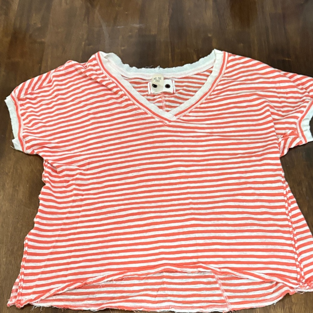 We The Free Coral and White Striped Top XS V-Neck Short Sleeved oversized Womens